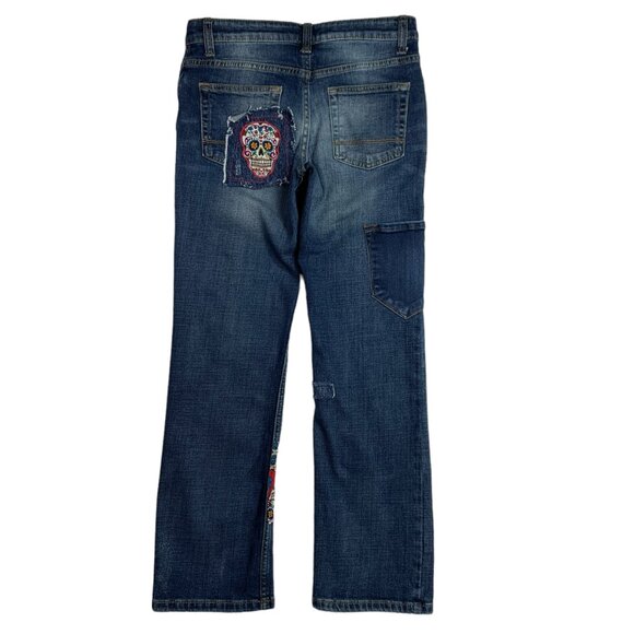 Cat Jack Stretch Jeans Day of the Dead Boho Sugar Skull Patch Red Black Girls 14 - Picture 7 of 12